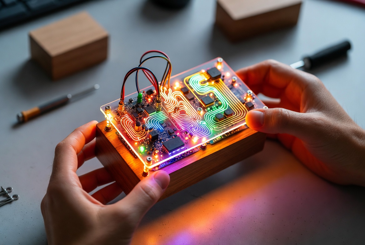 hands holdng DIY electronics LED kit